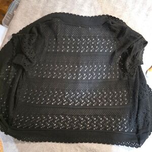 Womens Black Witchy Pointelle Crochet Knit Short Sleev Open Front Cardigan Shrug